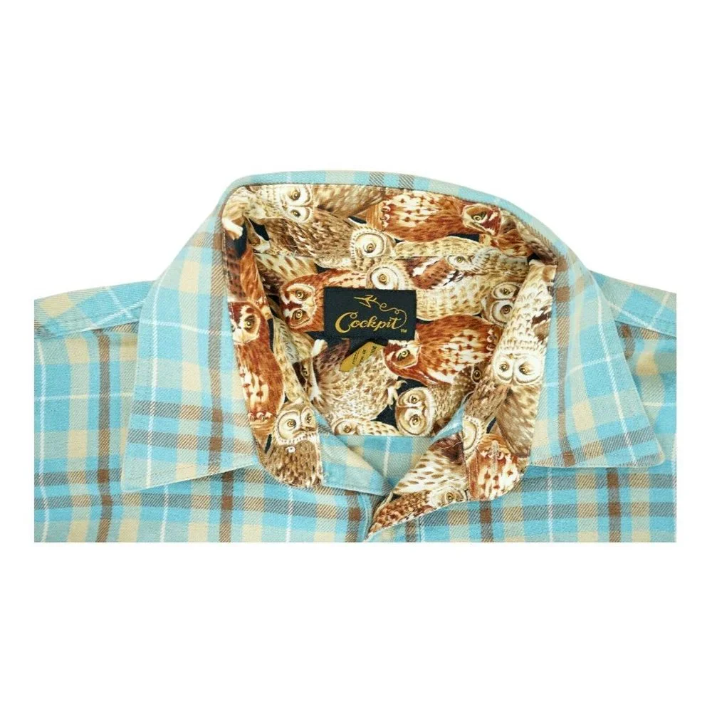 Cockpit USA Plaid Shirt Mens‎ Large L Blue Plaid Button Up Owl Print